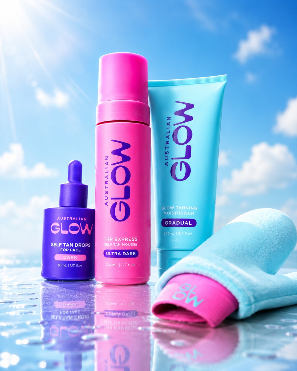 The Main Character laid out seaside — drops, Ultra Dark mousse, Gradual and the velvet mitt