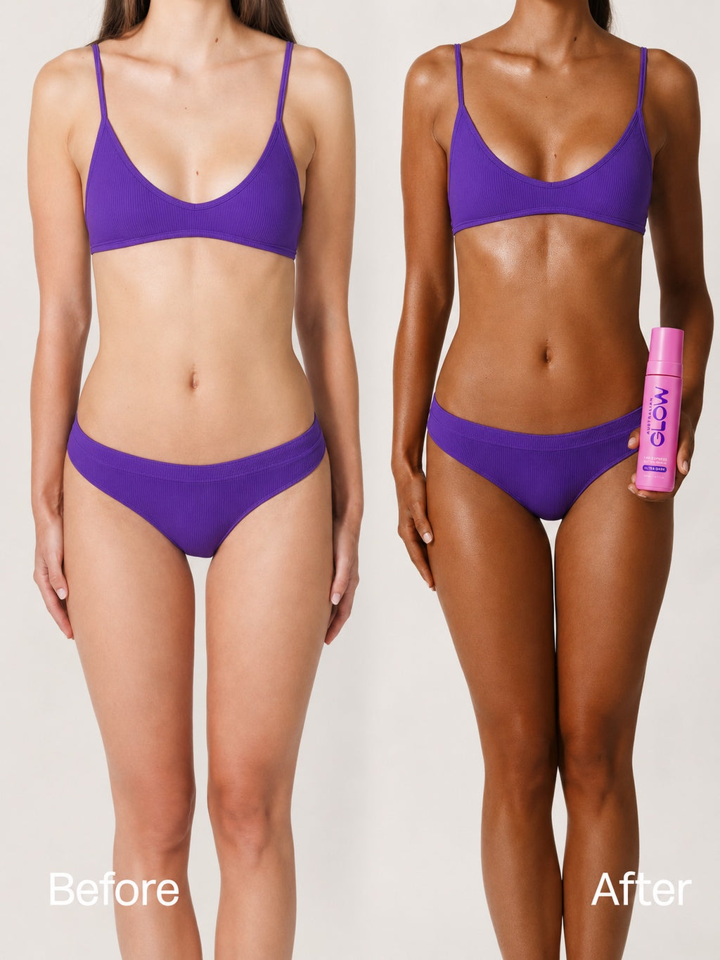 Before and after a full Glow Up routine — pale skin to a deep even tan, holding the Ultra Dark mousse