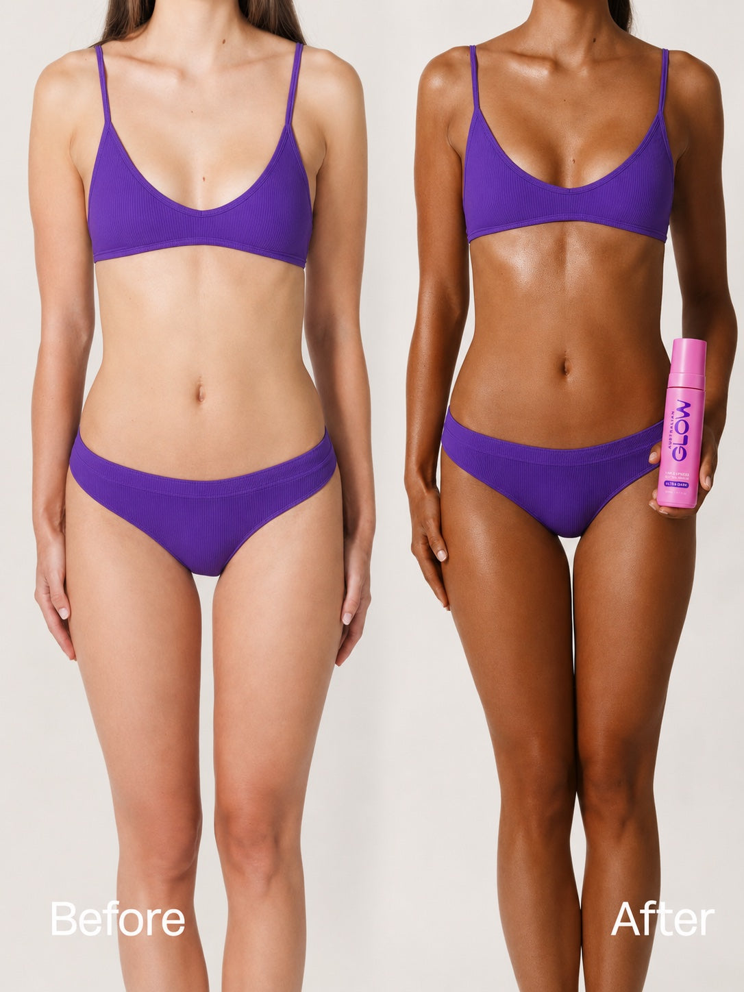 Before and after a full Glow Up routine — pale skin to a deep even tan, holding the Ultra Dark mousse