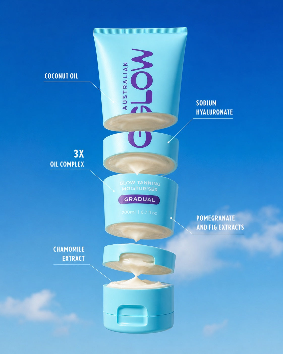 Gradual Tanning Moisturiser exploded ingredient view — coconut oil, sodium hyaluronate, 3x oil complex, pomegranate and fig extracts, chamomile extract
