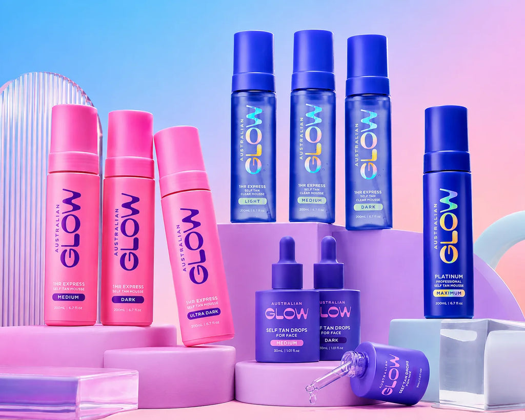 The full Australian Glow range on a pastel campaign set